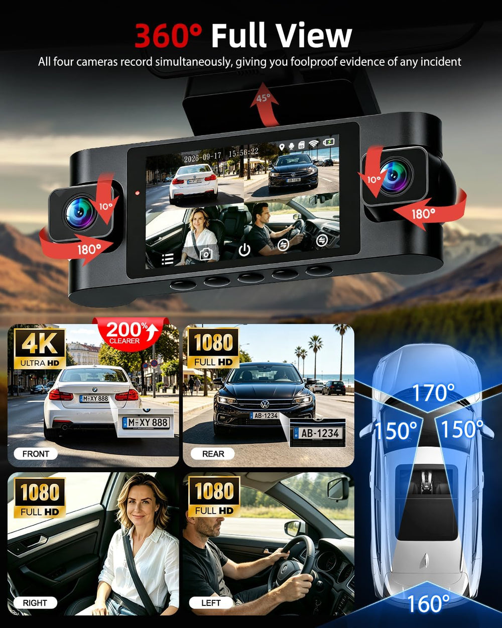 4K Dash Cam for Cars, 4 Channel 360° View Car Camera, Black