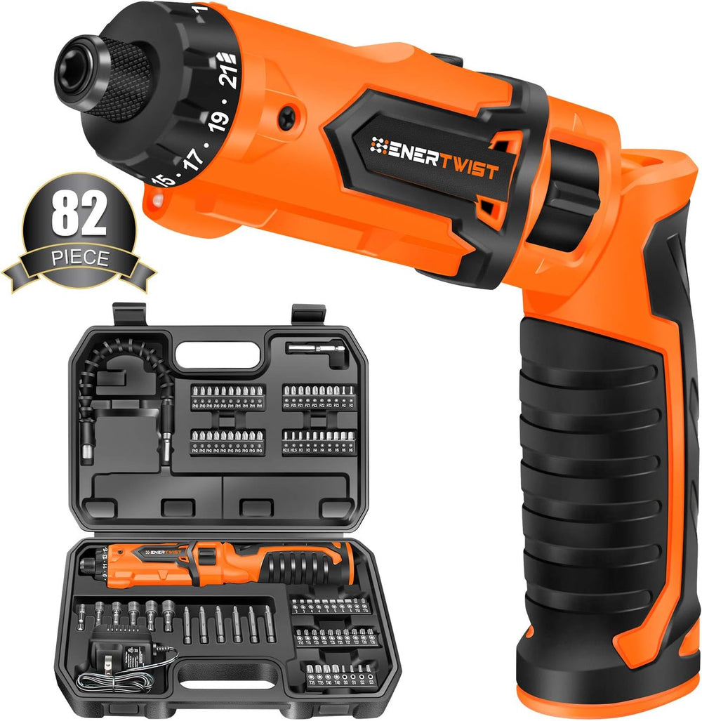 ENERTWIST 8V Cordless Screwdriver, 82 Accessory Kit, Max 10Nm 21+1 Cluth