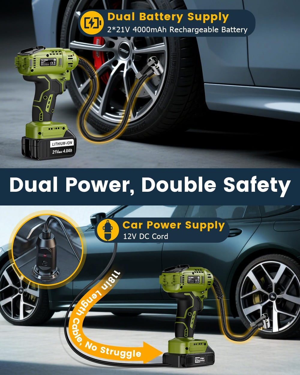 Portable Air Compressor for Car Tires with 2x4000Mah 21V Batteries, Fast 150P...