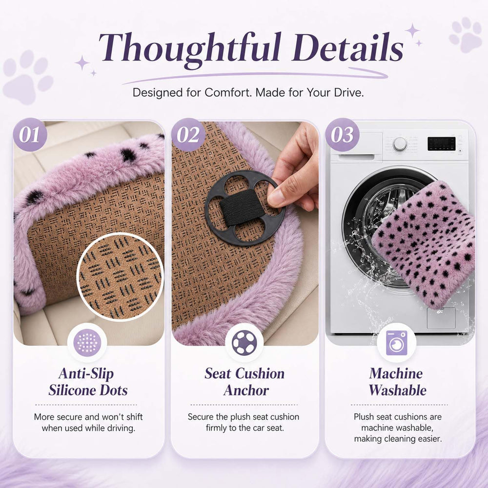 Fluffy Leopard Car Seat Cover 9Pcs Universal Anti-Slip Faux Bunny Fur Plush A...