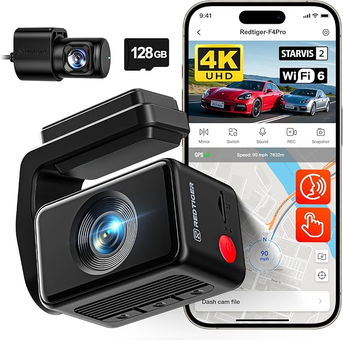 REDTIGER F4 Pro 4K Dash Cam Front and Rear, STARVIS 2 Sensor, 128GB Card