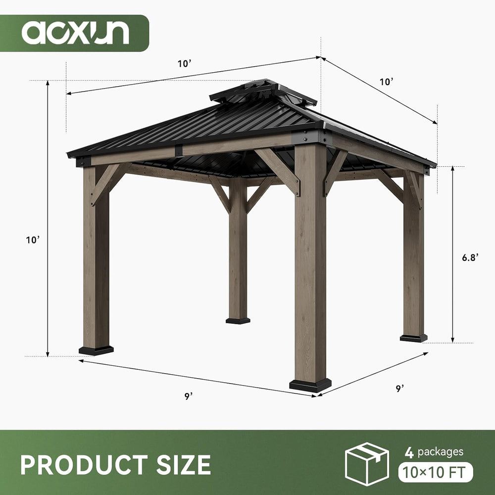 Aoxun 10x10 FT Cedar Wood Carport, Double Galvanized Steel Roof + Light