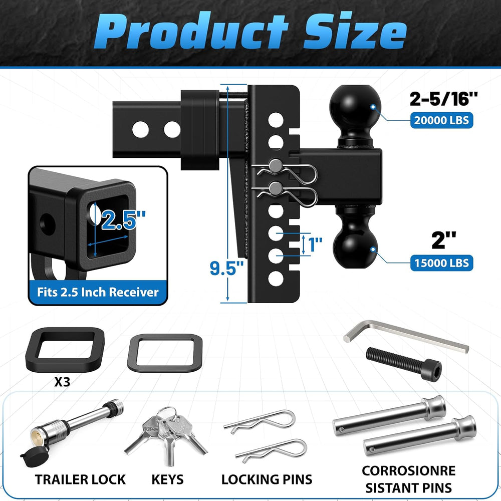 Adjustable Trailer Hitch, 6In Drop Hitch Only Fit 2.5 Inch Receiver