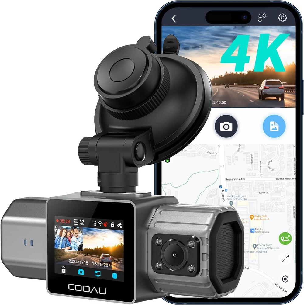 COOAU 4K Dual Dash Cam, Built-in GPS WiFi, 2.5K+1080P Dash Cam Front Inside
