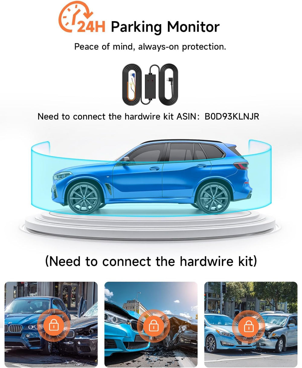 4K+2.5K+1080P 3 Channel Dash Cam Front, Rear, Inside, 64GB SD Card Included