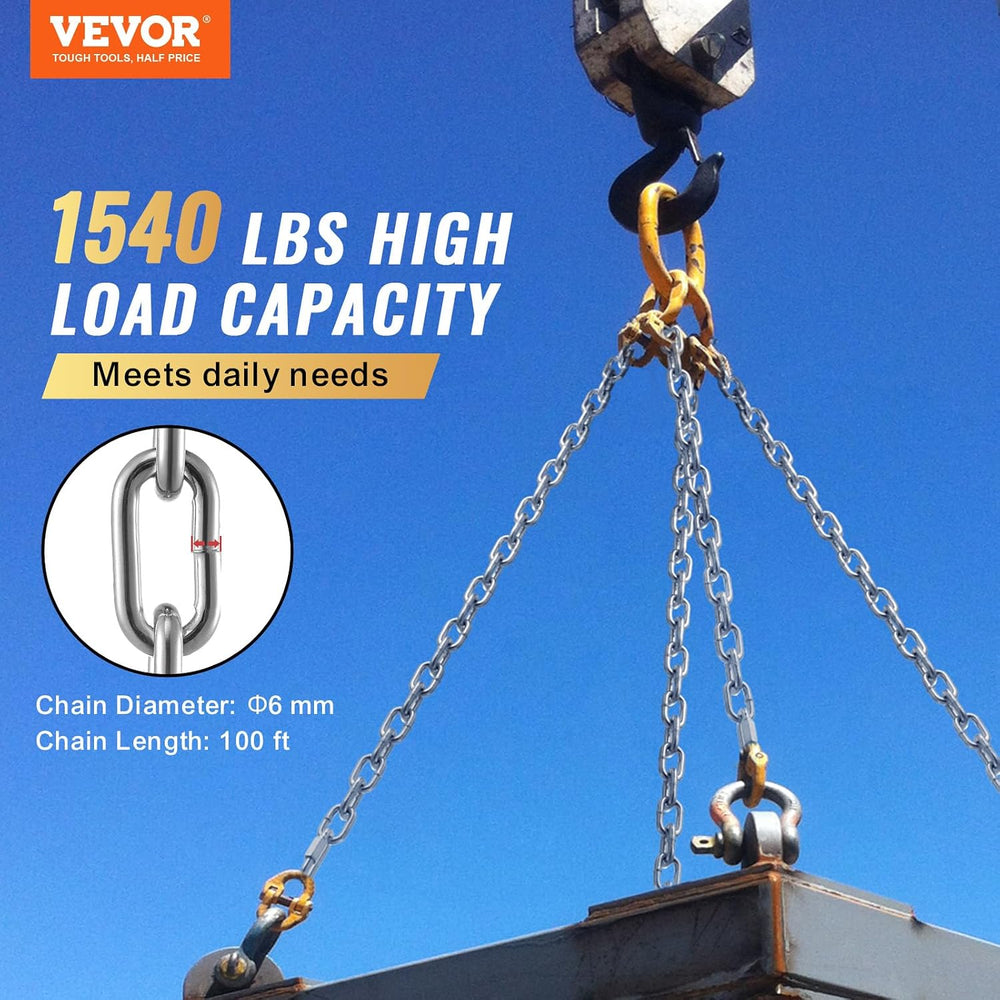 VEVOR Grade 30 Chain 1/4 Inch by 100Ft Length Grade 30 Proof Coil Chain Zinc ...