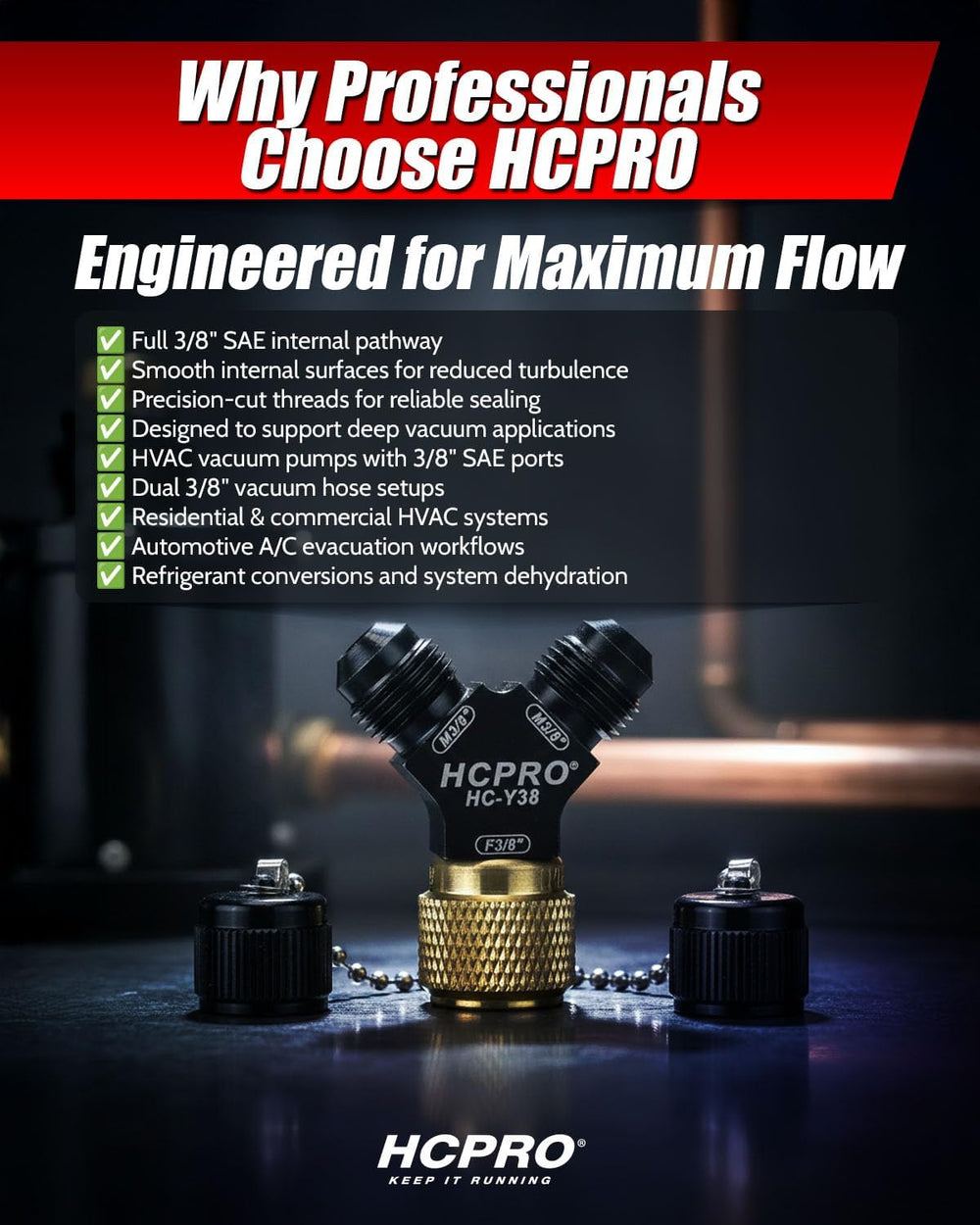 HCPRO HCY38 Quick-Y Vacuum Adapter 3/8 in SAE Flare Y Splitter for HVAC Refri...