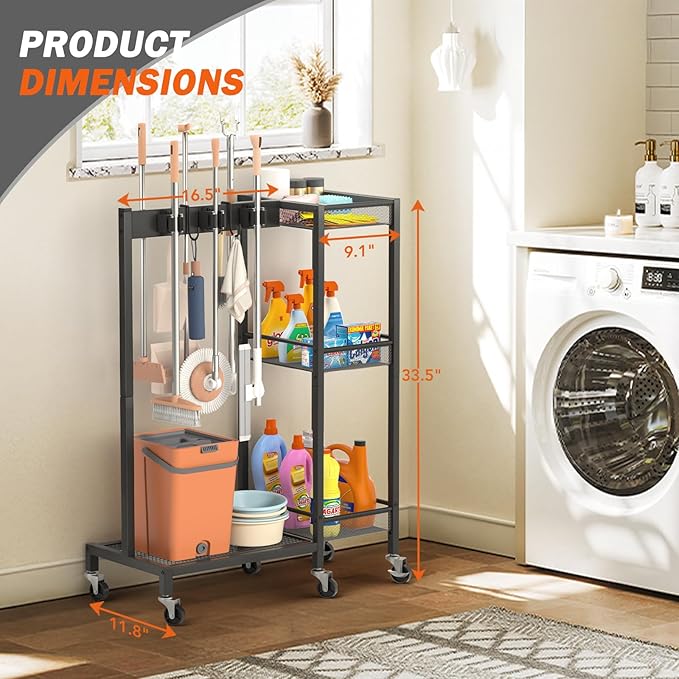 Broom Holder with Cleaning Supplies Organizer, Broom Closet Storage Cabinet
