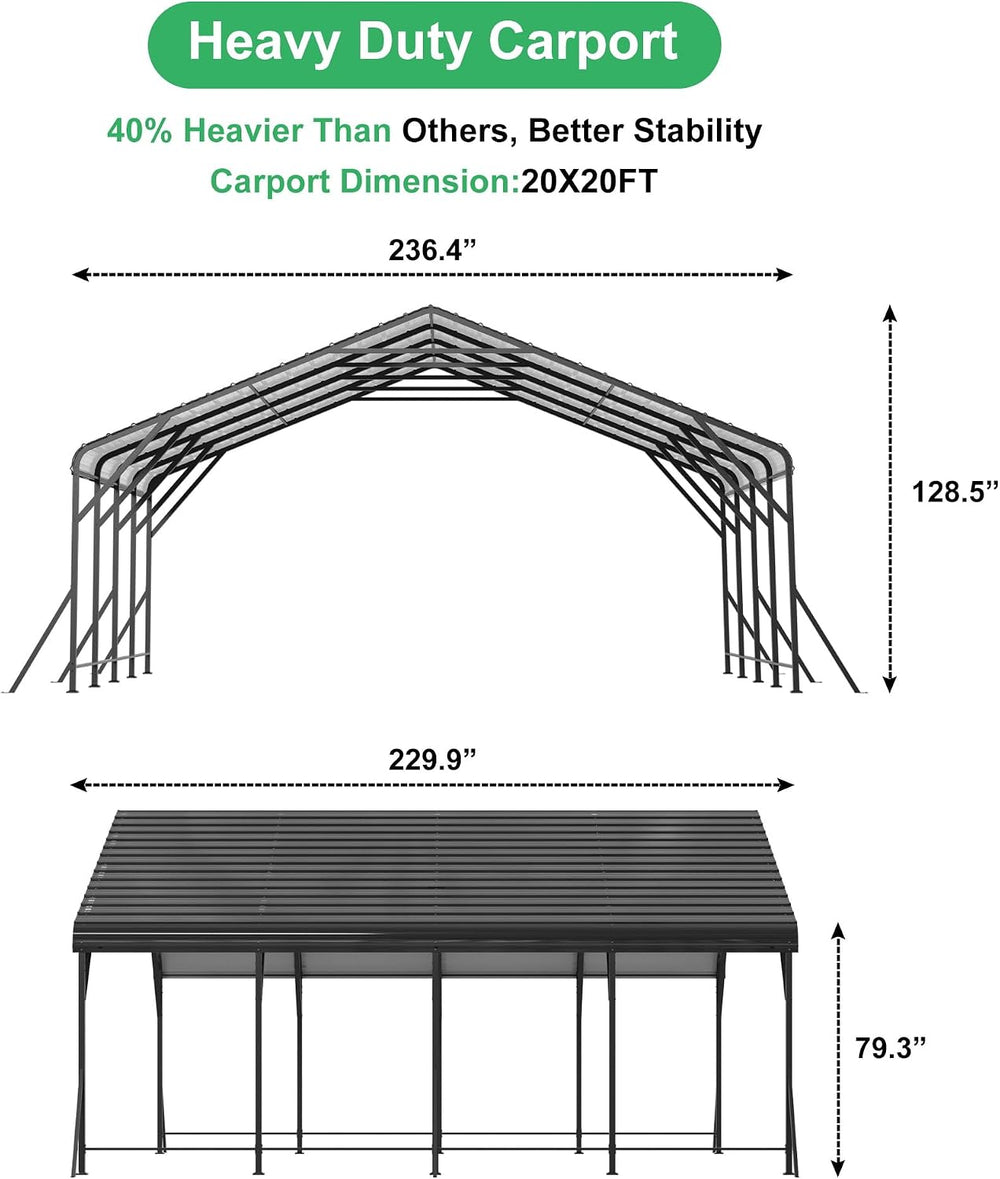 20x20 FT Metal Carport Canopy with Reinforced Base