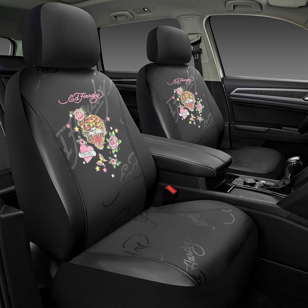 ED HARDY Tiger Print Car Seat Covers, Black Premium Leather Front Seat Covers...