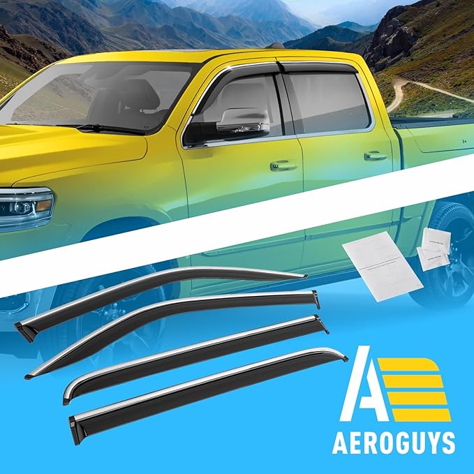 Extra Durable Window Deflectors Chrome Trim Tape-On Window Visors Rain Guards...
