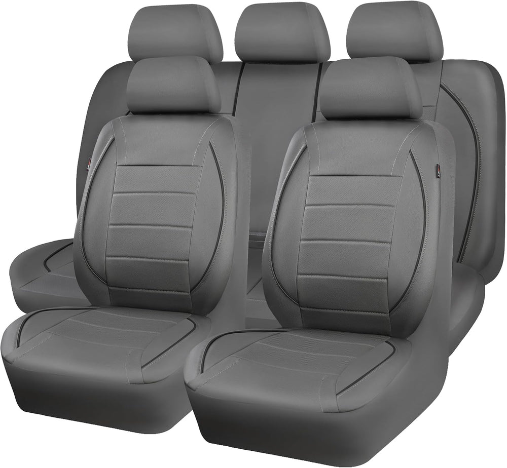 CAR PASS Piping Faux Leather Car Seat Cover Full Set,Grey Breathable Leather ...