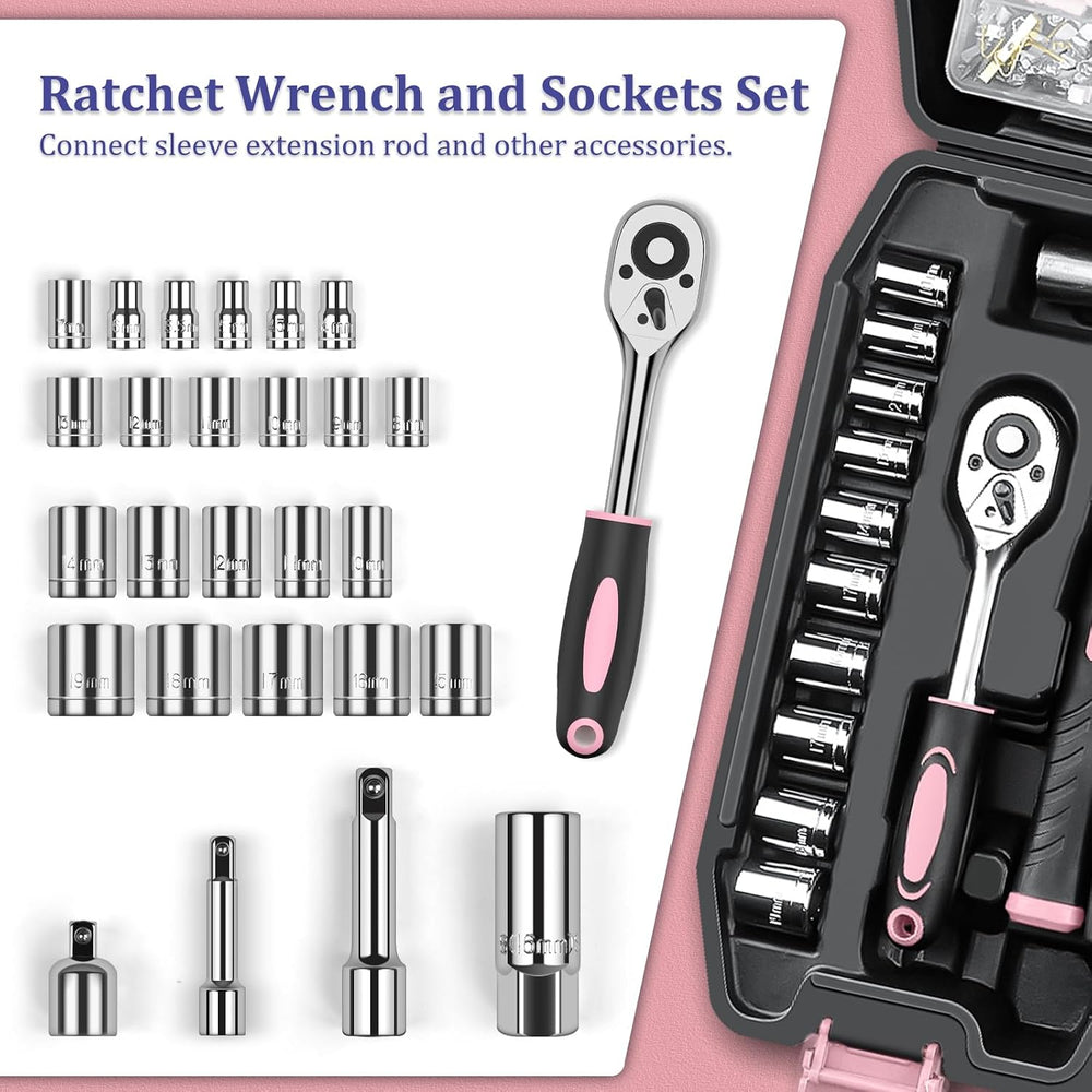 Sundpey 281 Pcs Home Tool Kit Portable Complete General Hand Tool Set Pink