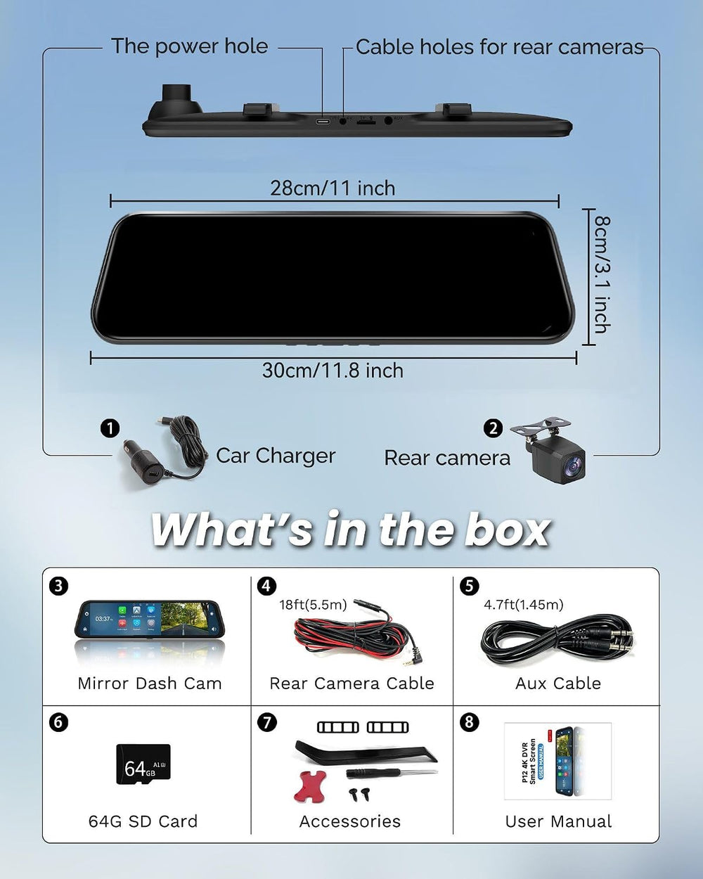 4K Rear View Mirror Camera with Carplay&Android Auto 12" Mirror Dash...