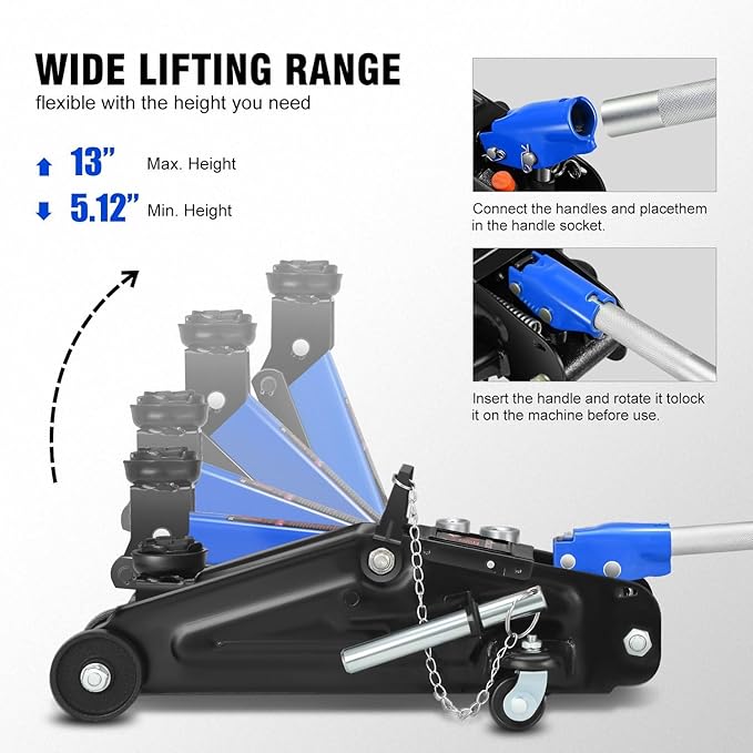 DNA MOTORING Floor Jack with Socket and Lock, Low Profile Hydraulic Trolley Jack