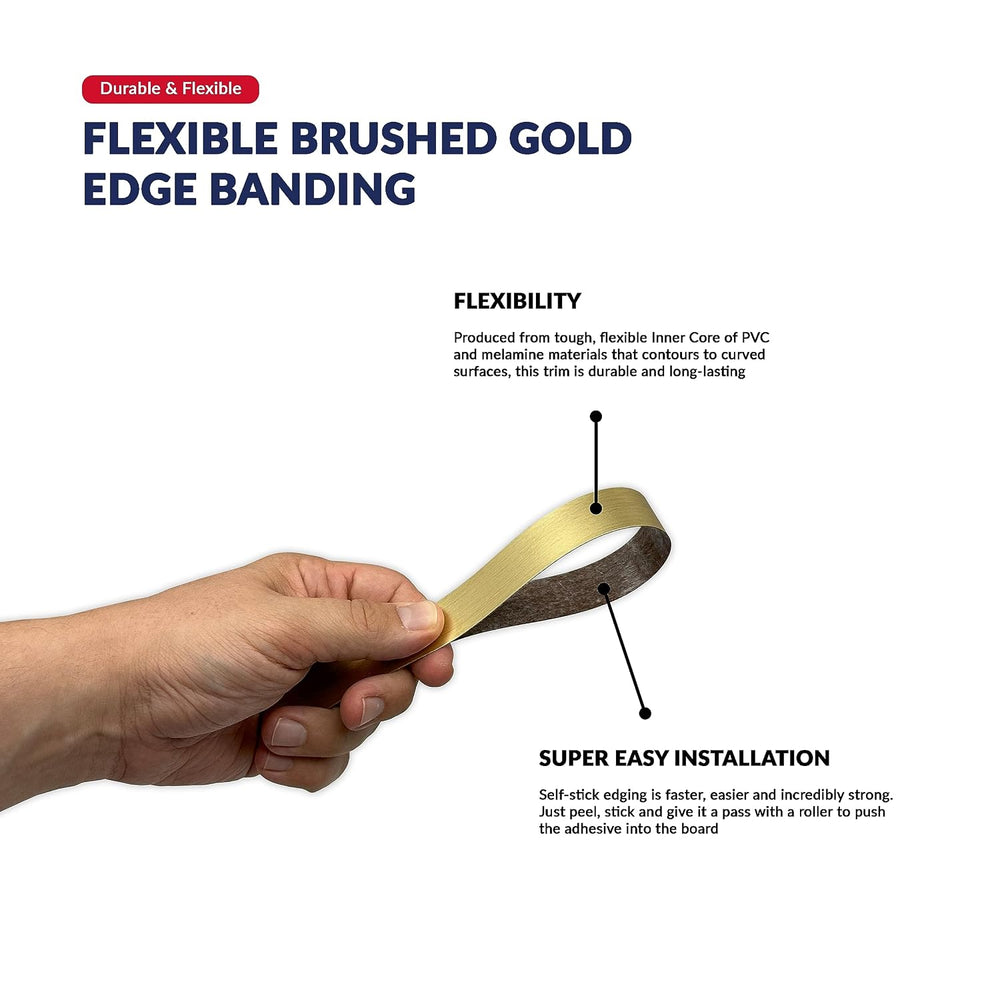 Brushed Gold PVC 7/8 inch x 50 ft Edge Banding Peel Stick Tape Adhesive Metal...