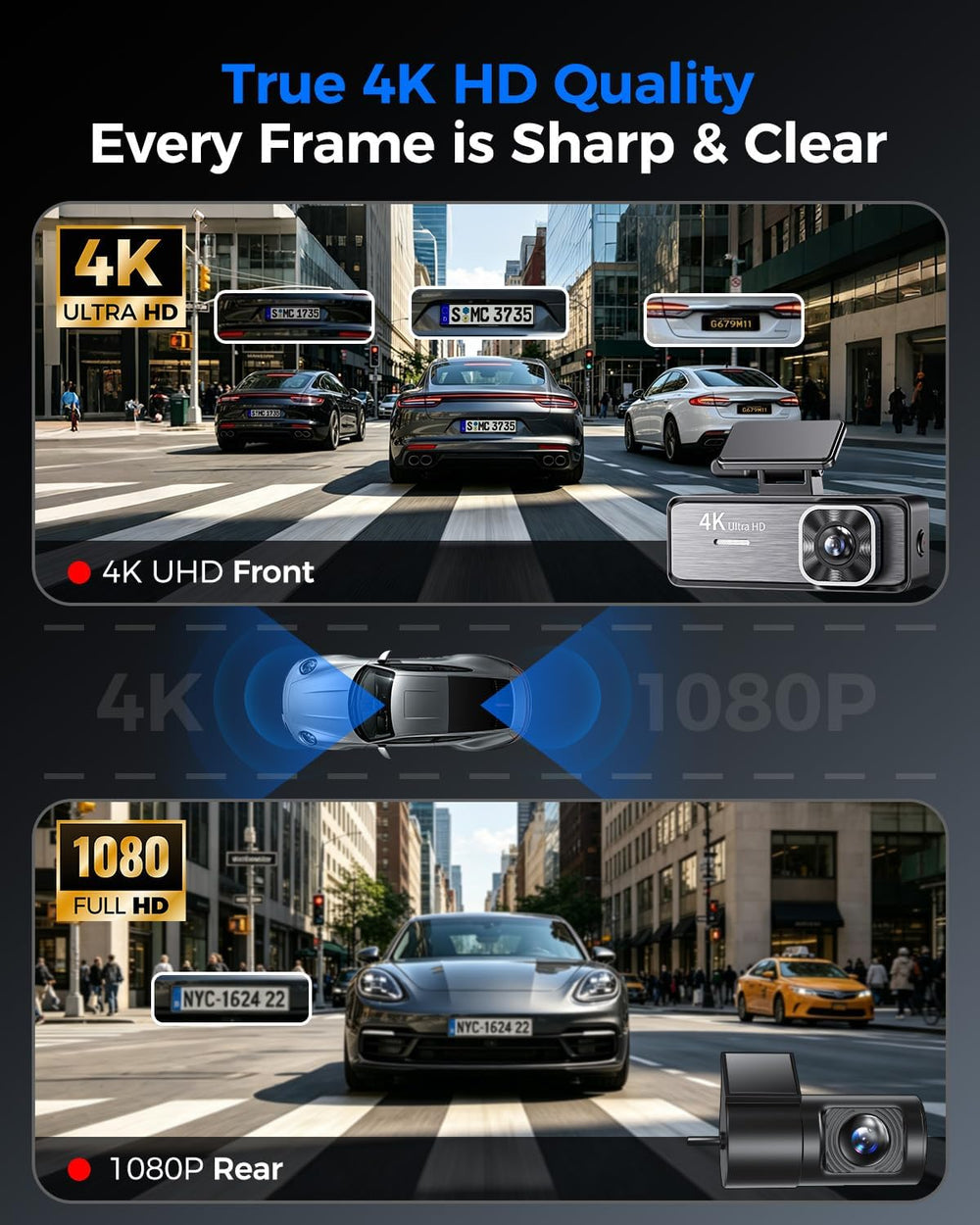 4K Dash Cam Front and Rear,4K+1080P Dual Dash Camera for Cars, 2.4G WiFi, 2” ...