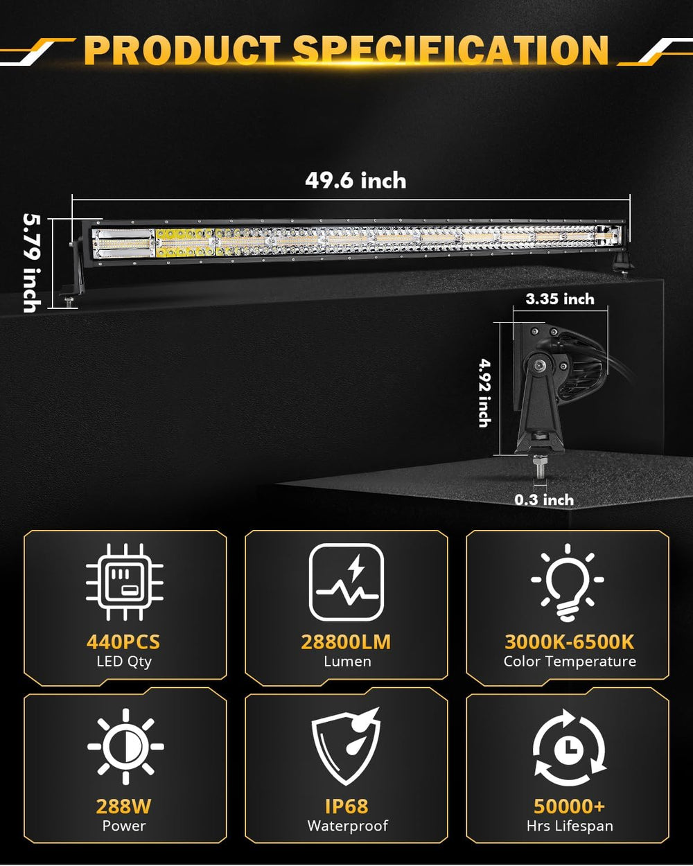 Auxbeam 50 Inch Curved LED Light Bar 288W 6 Modes Amber White Driving Light
