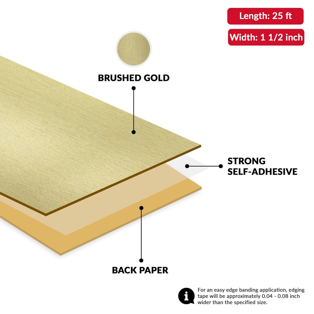 Brushed Gold PVC 1 1/2 inch x 25 ft Edge Banding Peel Stick Tape Adhesive Met...