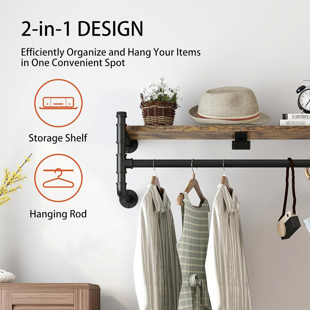 Industrial Pipe Clothing Rack,Wall Mounted Clothes Rack with Shelf