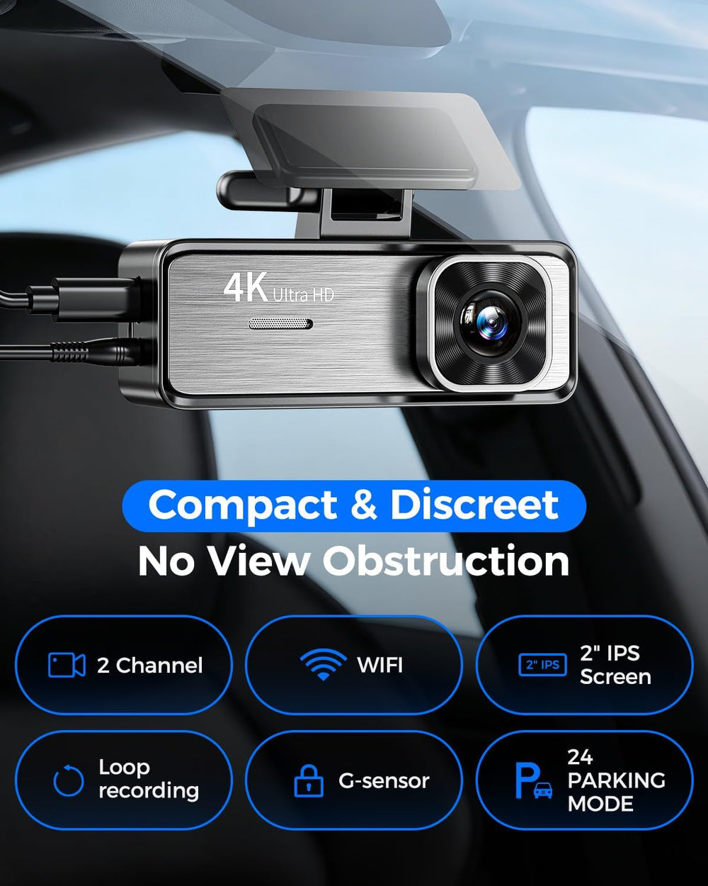 4K Dash Cam Front and Rear,4K+1080P Dual Dash Camera for Cars, 2.4G WiFi, 2” ...