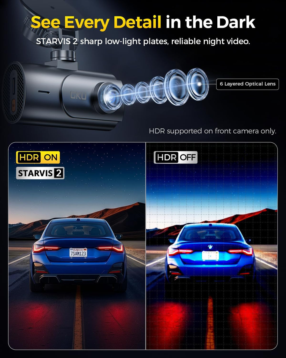 GKU 4K Dual Dash Cam Front and Rear Camera, STARVIS 2 Sensor