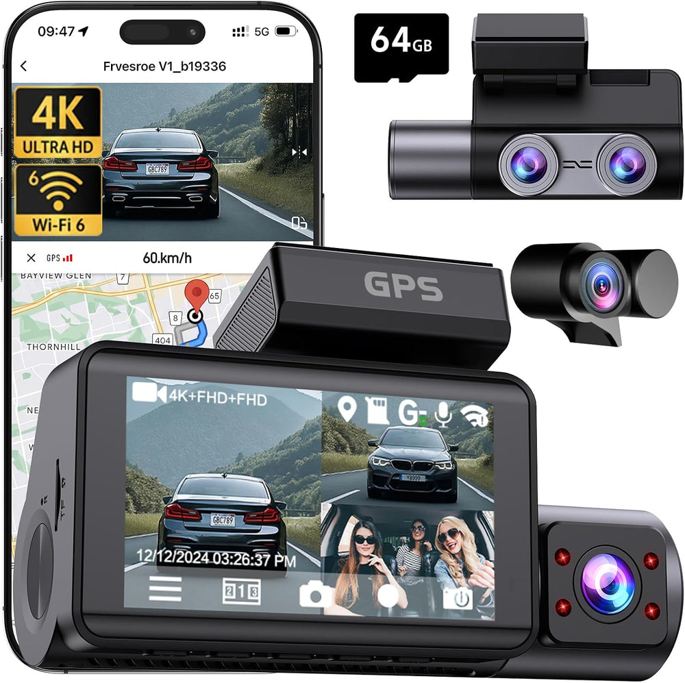Dash Cam Front Rear Inside, 4K 3 Channel Dashcam with 64GB Card