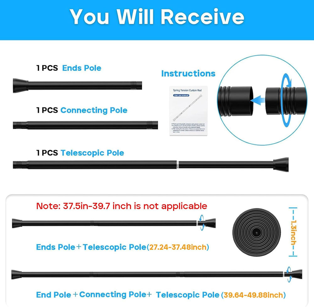 Black Spring Tension Curtain Rods 28 to 48 Inch, Adjustable Curtain Rods No D...