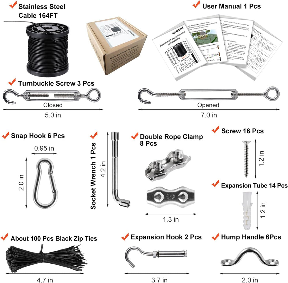 Outdoor String Light Hanging Kit Includ 164 FT Nylon Rope Cable