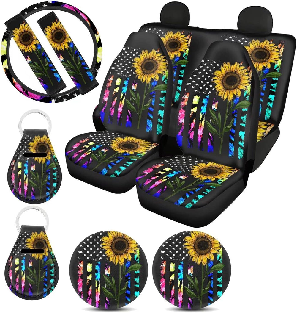 Suobstales American Flag Sunflower Car Accessories with Car Front Rear Split ...