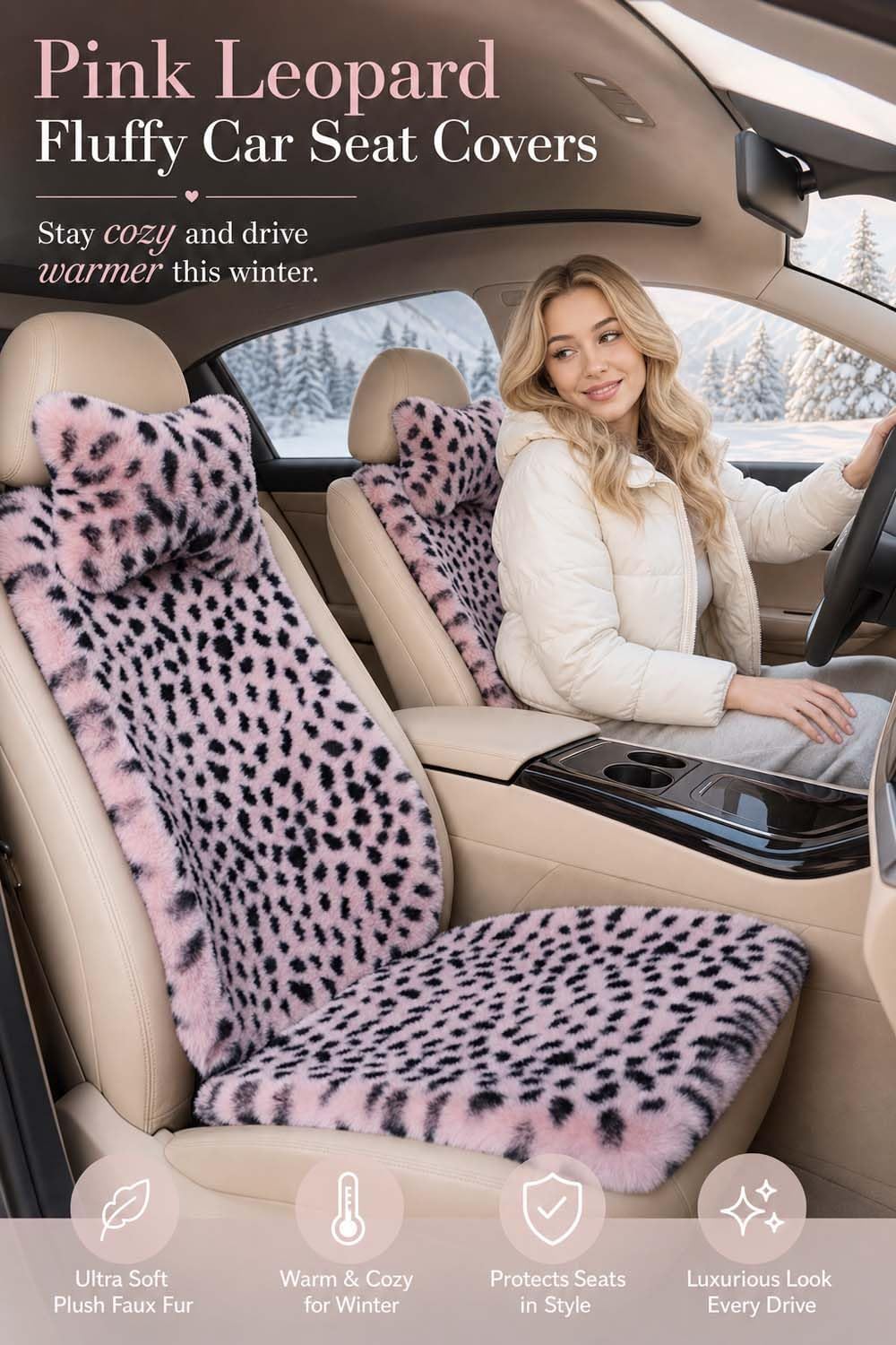 Fluffy Leopard Car Seat Cover 9Pcs Universal Anti-Slip Faux Bunny Fur Plush A...