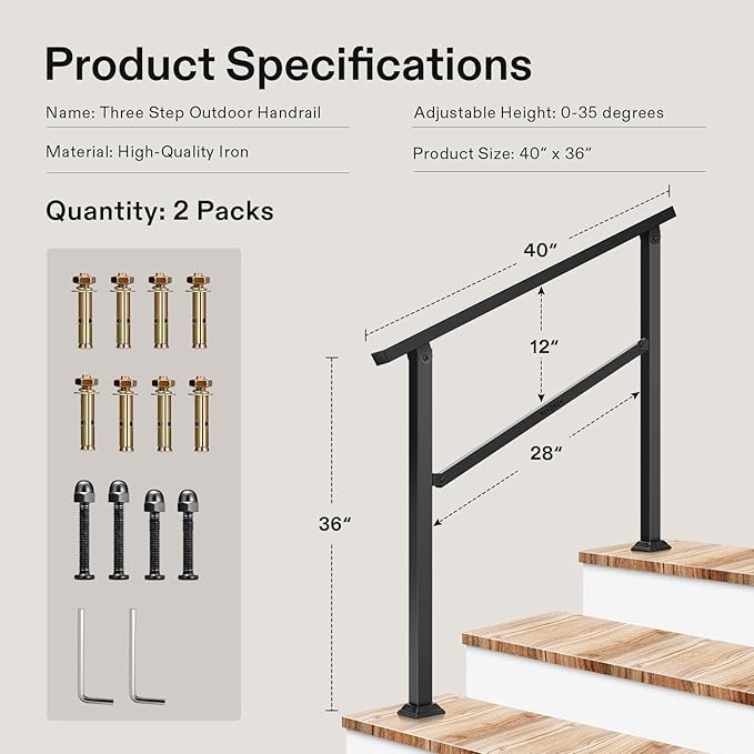 VIVOSUN 2-Pack Outdoor Handrail, 3 Step Stair Handrail, Wrought Mattle Iron