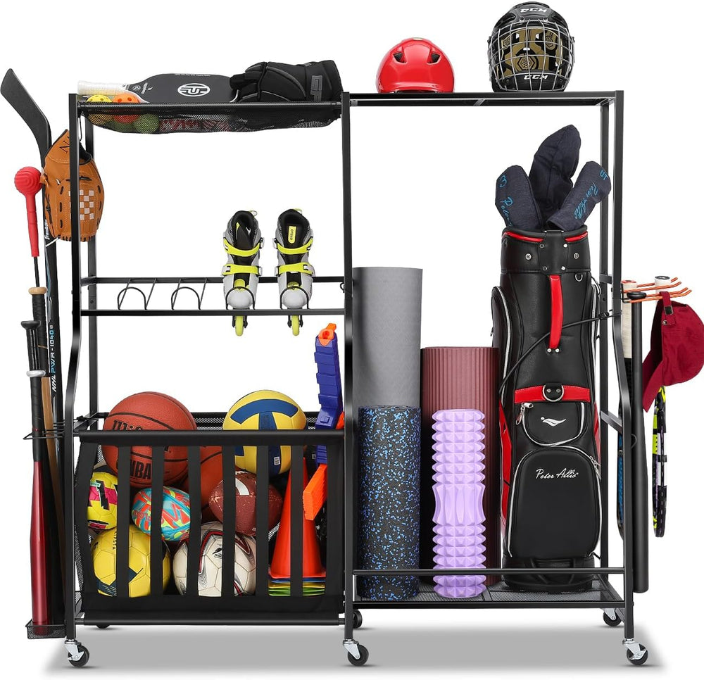 Garage Sports Equipment Organizer with Wheels, Golf Bag storage Rack
