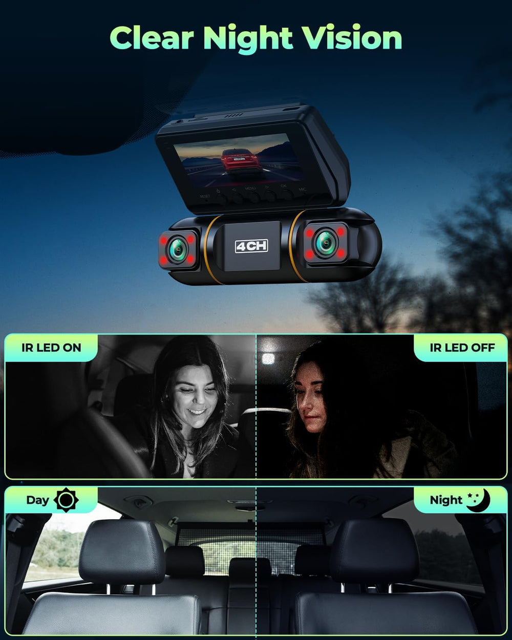 LAMTTO 4 Channel Dash Cam 360 View Front and Rear Inside Left Right