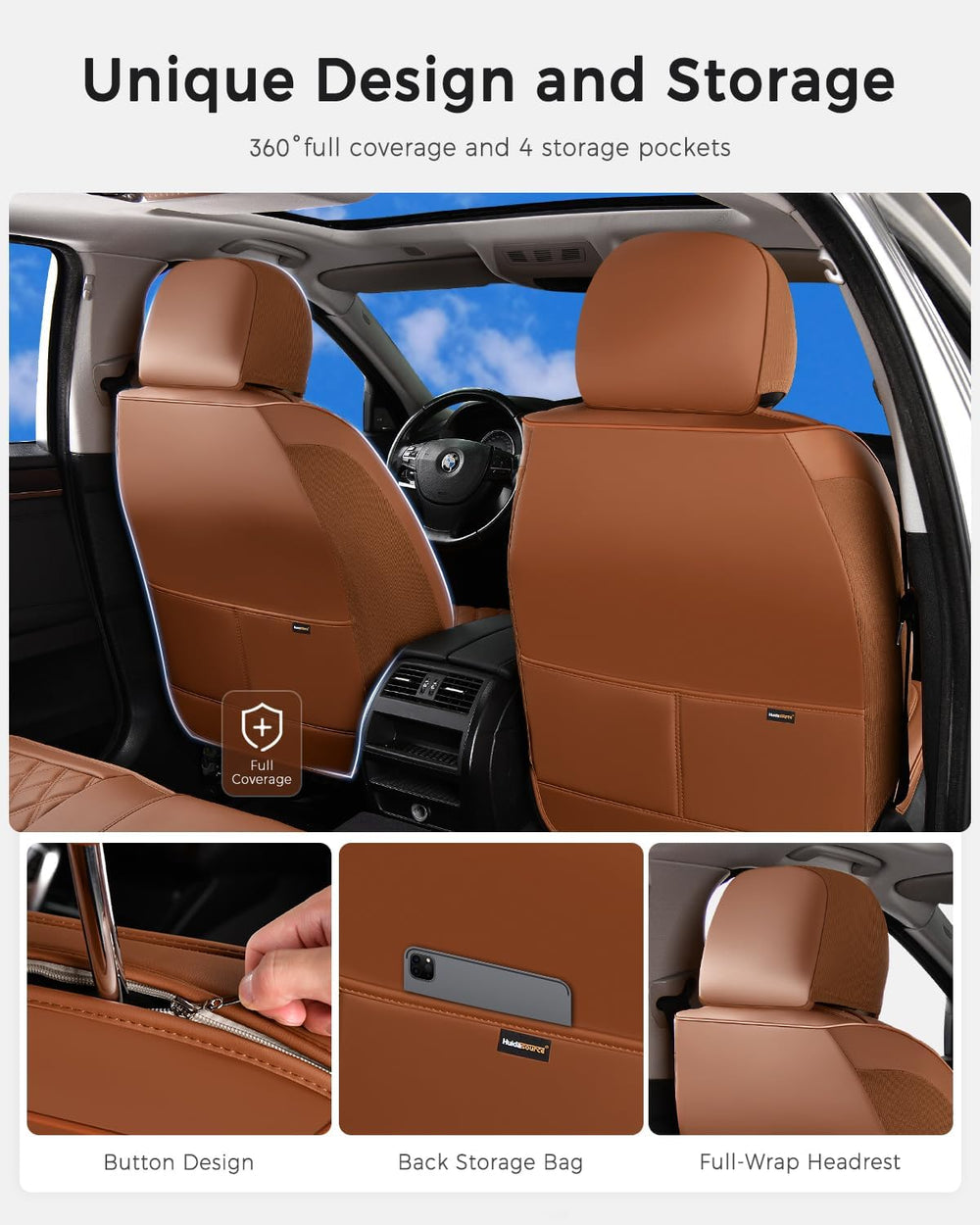 Huidasource Brown Front Seat Covers, Nappa Leather Front Car Seat Covers, Sid...
