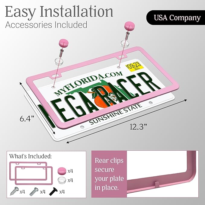 Premium Princess Pink License Plate Frames – 2 Pack, Rust-Free Stainless Steel