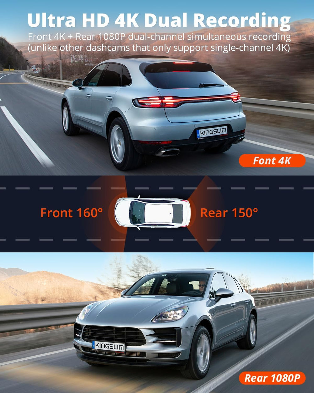 Kingslim E4 4K Dash Cam Front and Rear, WiFi Front 4K Rear 1080P Dual Dash Ca...