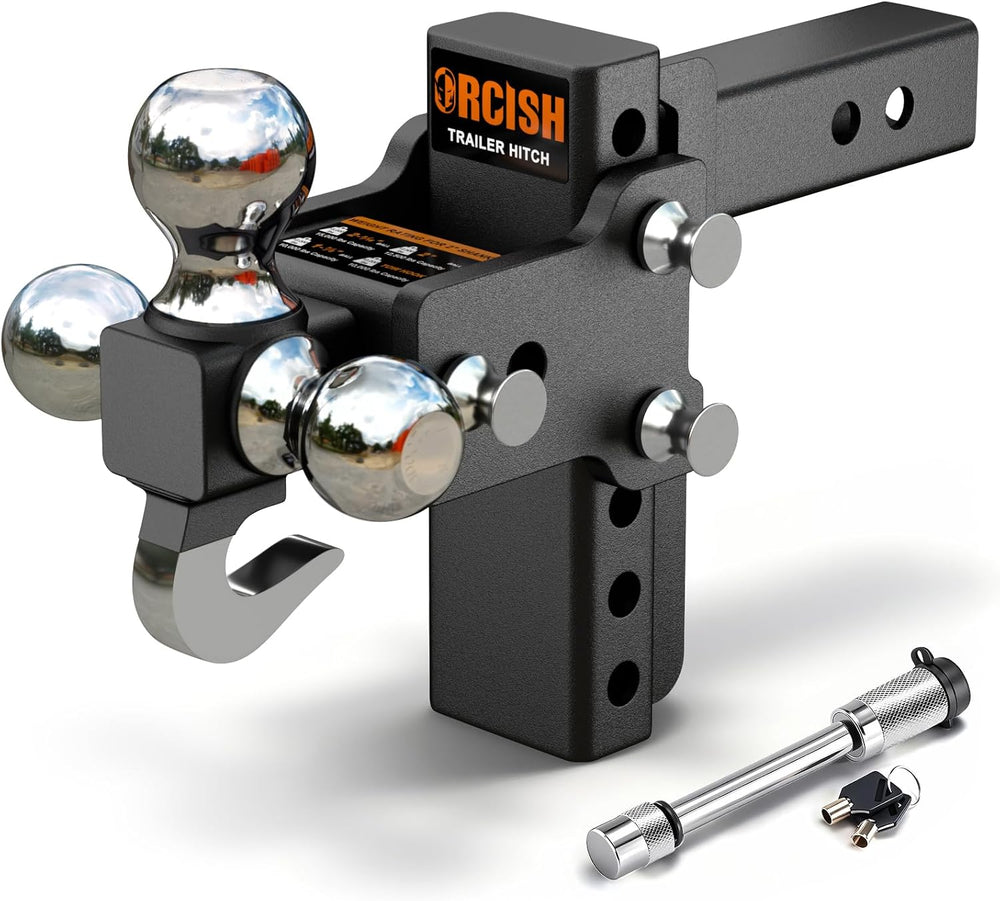 Adjustable Trailer Hitch, 360° Swivel Tri Ball Mount with Tow Hook & Lock