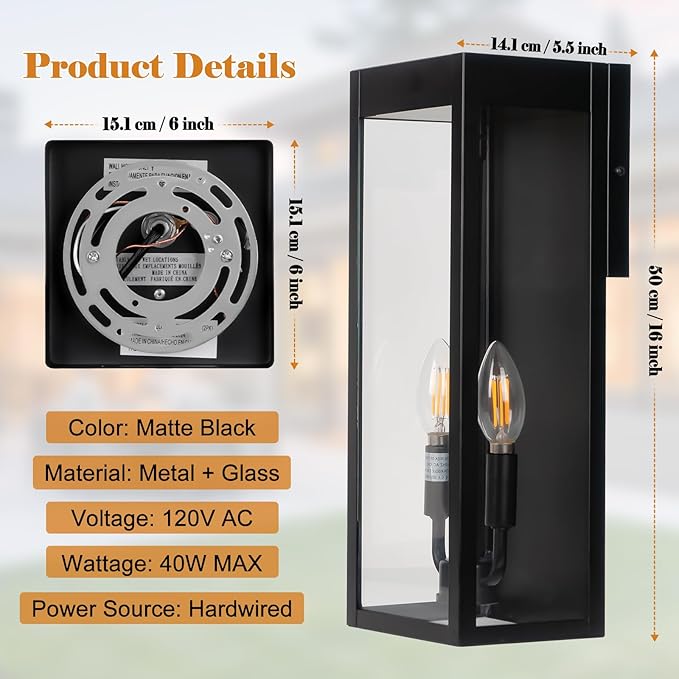 Outdoor Wall Lights 16 Inch Large, 2 Pack Black Modern Exterior Lighting