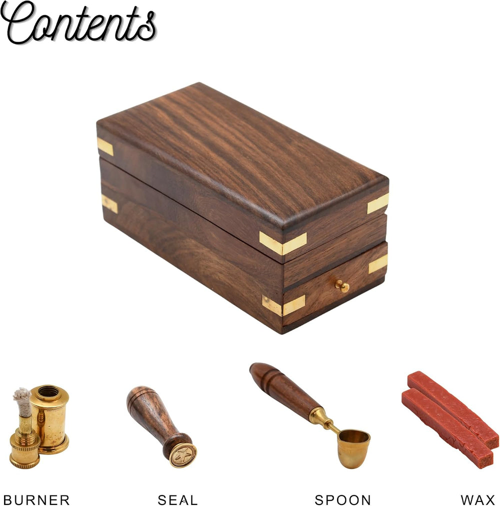 Letter Stamp Wax Seal Kit - Wooden Box with Pot, Sticks and Burner Wood Handl...