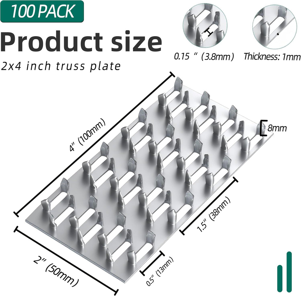100 Pack 4"x2" Pronged Truss Plates with 8mm Nail Teeth