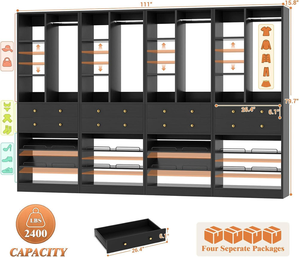 Besiost Closet System, 111"/9.3 FT Closet Organizer System with 8 Drawer...