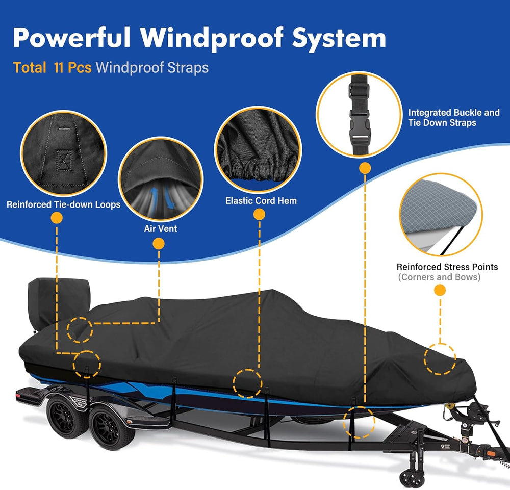 Boat Cover 16-18.5 ft, 1200D Waterproof V-Hull, Black