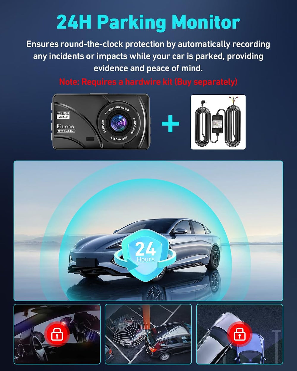 Dual Dash Cam, 2.5K Front, 1080P Rear, 5G WiFi, 64GB Card