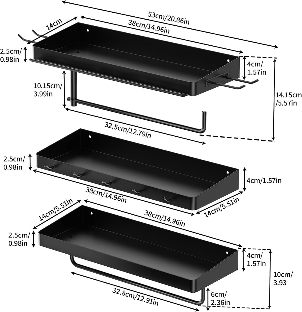 SUNTECH Garage Paper Towel Holder with Shelf, Wall-Mount, 3 Pack (Black)