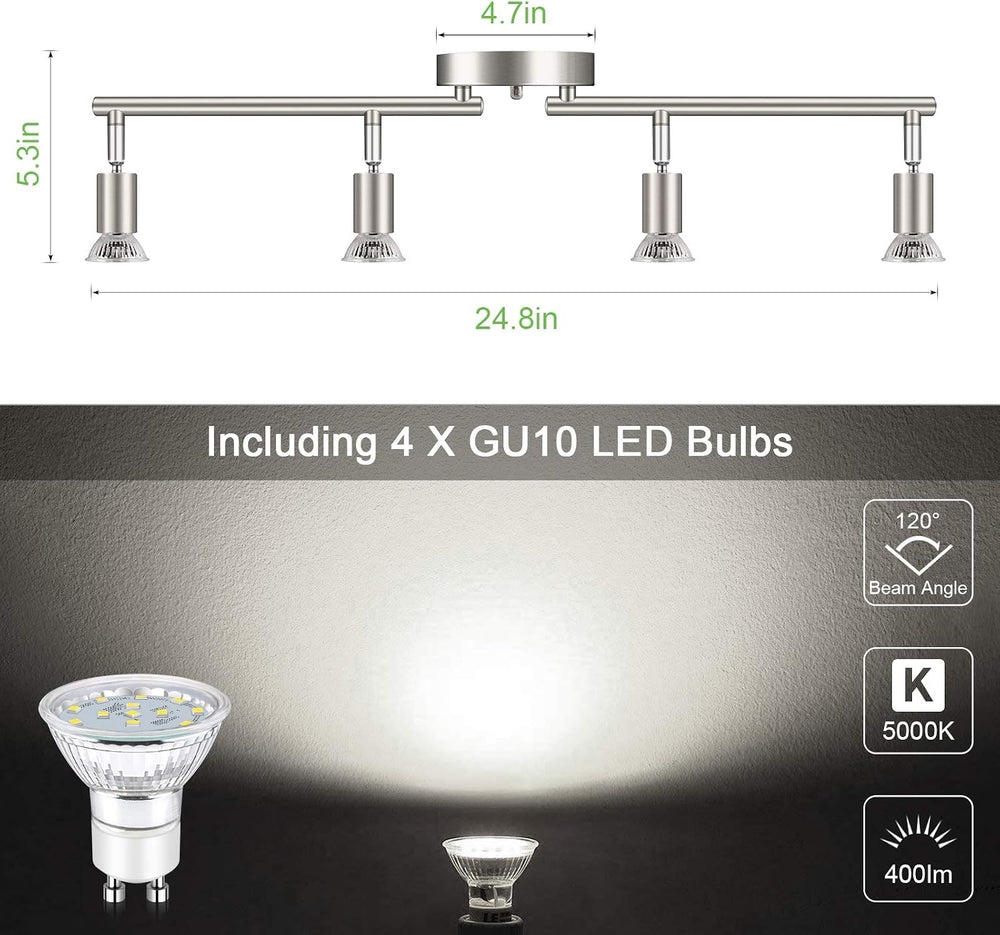 Unicozin LED 4 Light Track Lighting Kit, 24.8'' Matt Nickel 4 Way Cei...