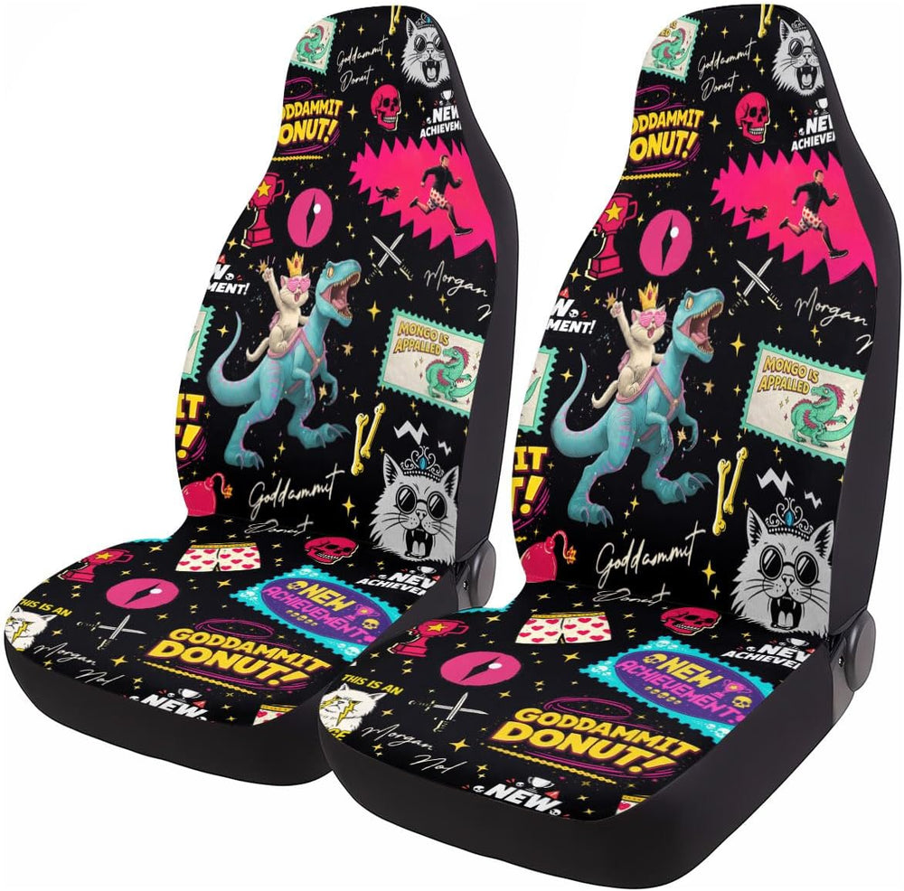 GENANY Comic Cat Dinosaur Car Seat Covers, 2-Piece Front Seat Set