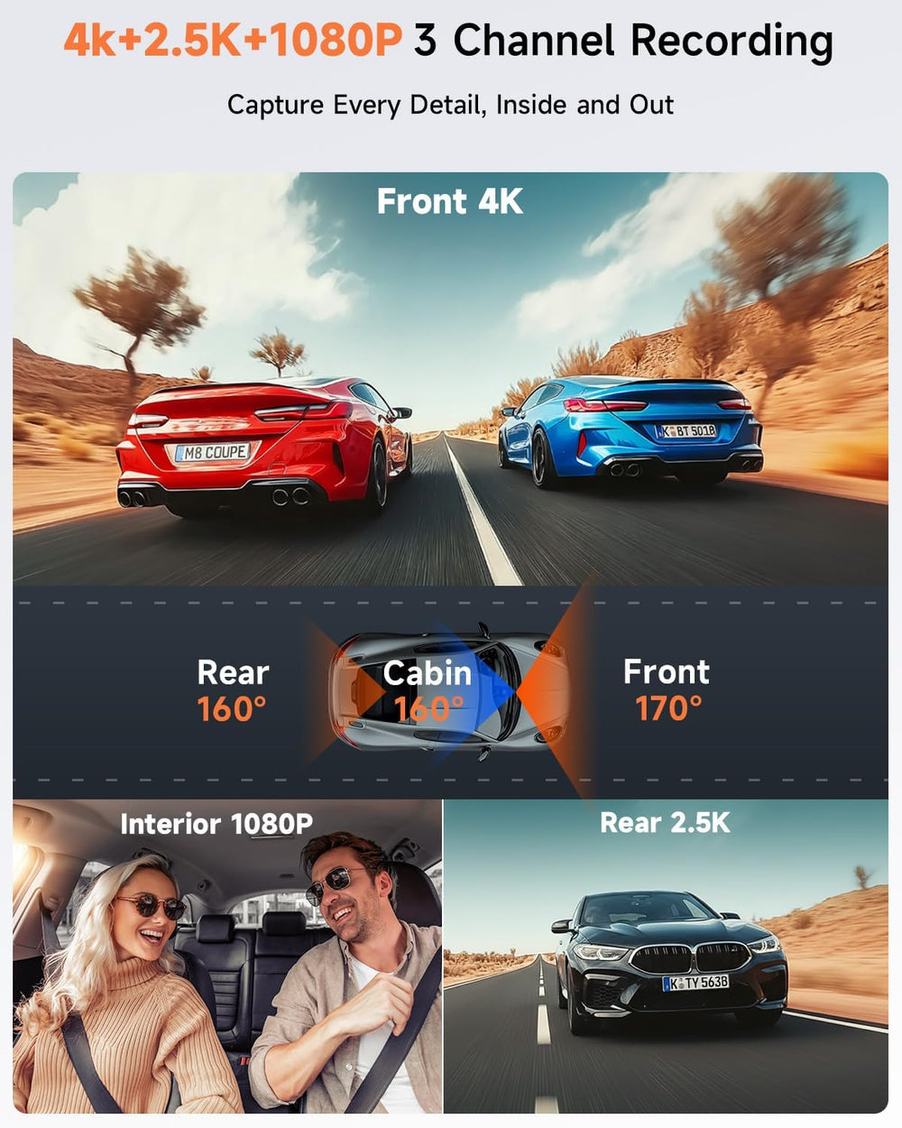 4K+2.5K+1080P 3 Channel Dash Cam Front, Rear, Inside, 64GB SD Card Included