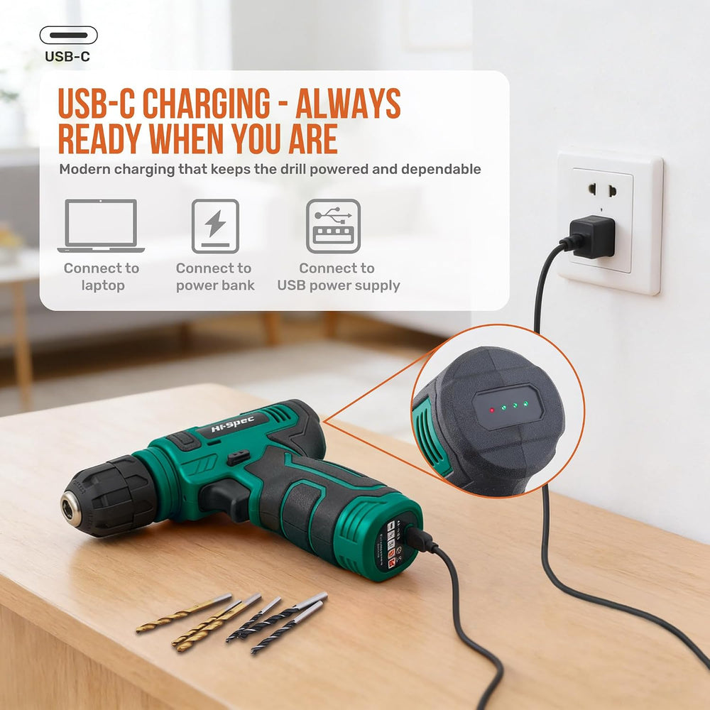 Hi-Spec 8V USB Power Drill Driver and Home Tool Kit with Toolbox Set, Green