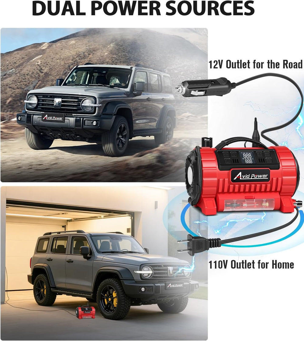 AVID POWER Portable Tire Inflator Air Compressor, 110V AC/12V DC Tire Pump